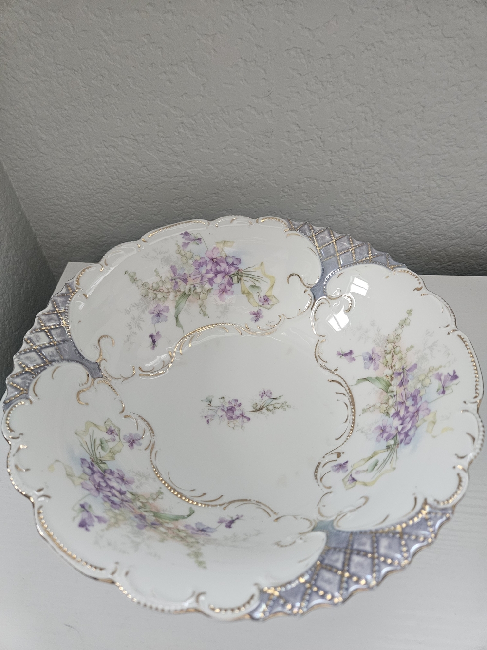 Antique Porcelain Scalloped Edge Serving Bowl Lavender Floral Design & Gold Trim